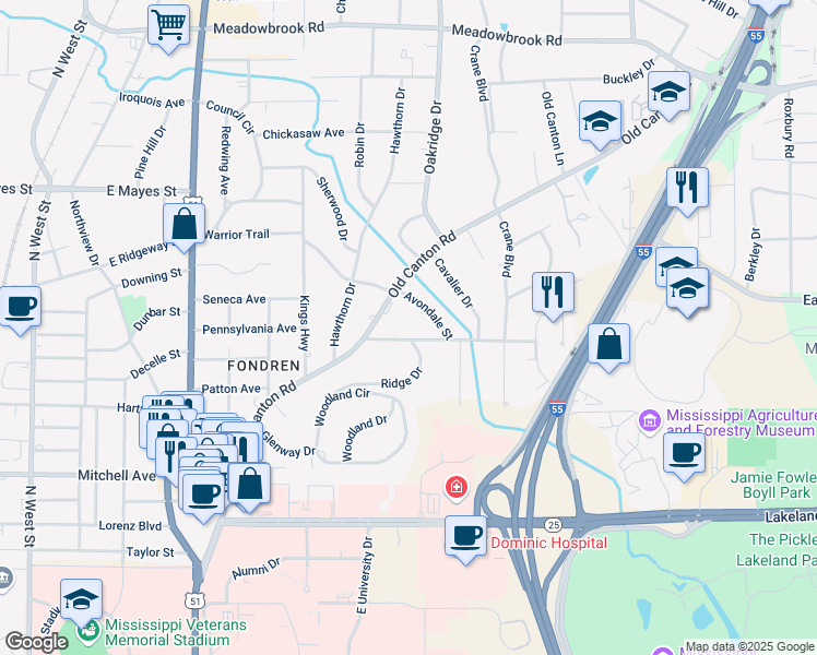 map of restaurants, bars, coffee shops, grocery stores, and more near 320 Wooddale Drive in Jackson