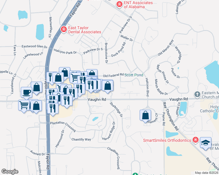 map of restaurants, bars, coffee shops, grocery stores, and more near 8201 Vaughn Road in Montgomery