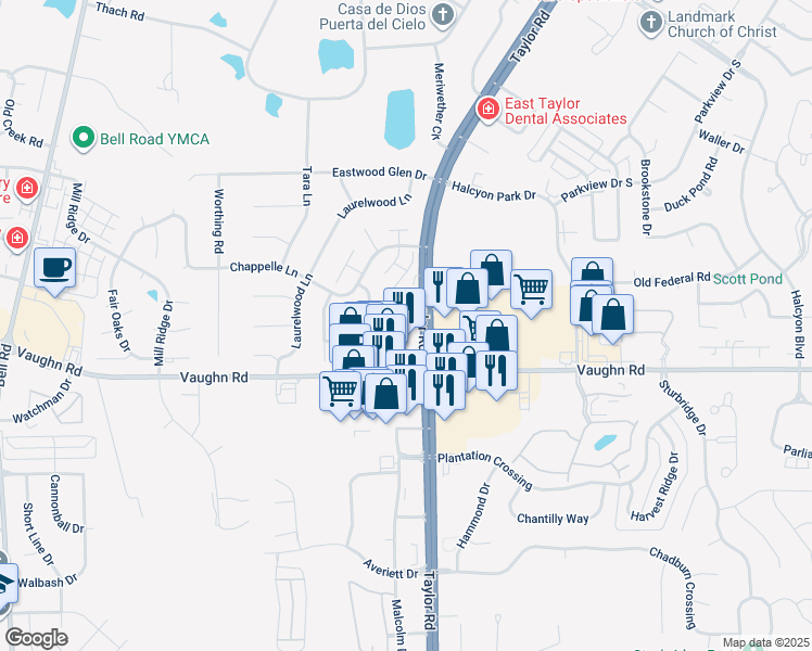 map of restaurants, bars, coffee shops, grocery stores, and more near 2710 Taylor Road in Montgomery