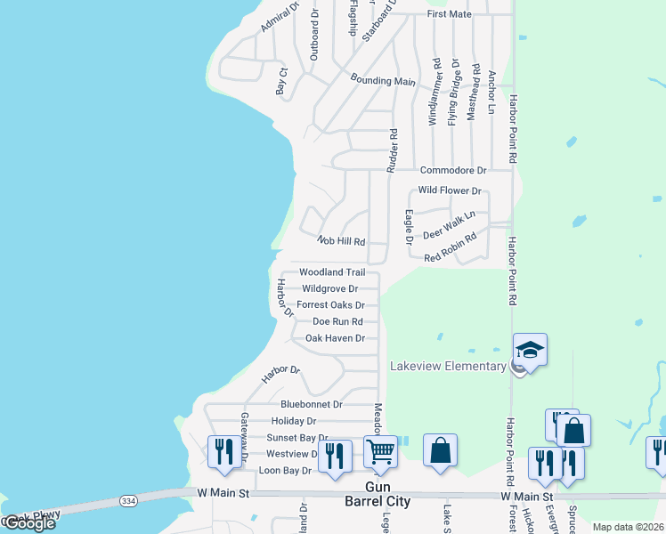 map of restaurants, bars, coffee shops, grocery stores, and more near 115 Woodland Trail in Gun Barrel City