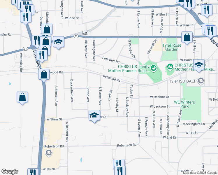 map of restaurants, bars, coffee shops, grocery stores, and more near 823 Clark Street in Tyler