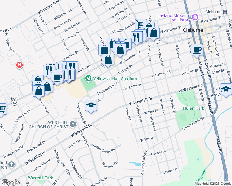 map of restaurants, bars, coffee shops, grocery stores, and more near 813 West Smith Street in Cleburne