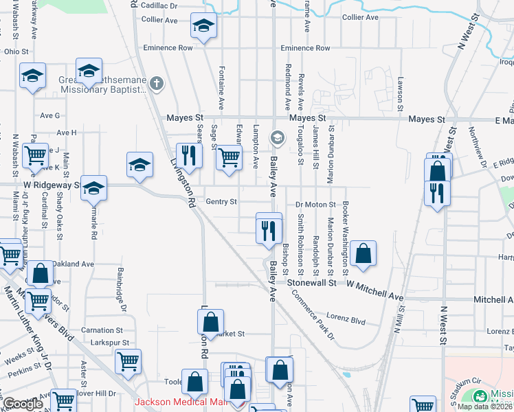 map of restaurants, bars, coffee shops, grocery stores, and more near 1022 Warren Street in Jackson