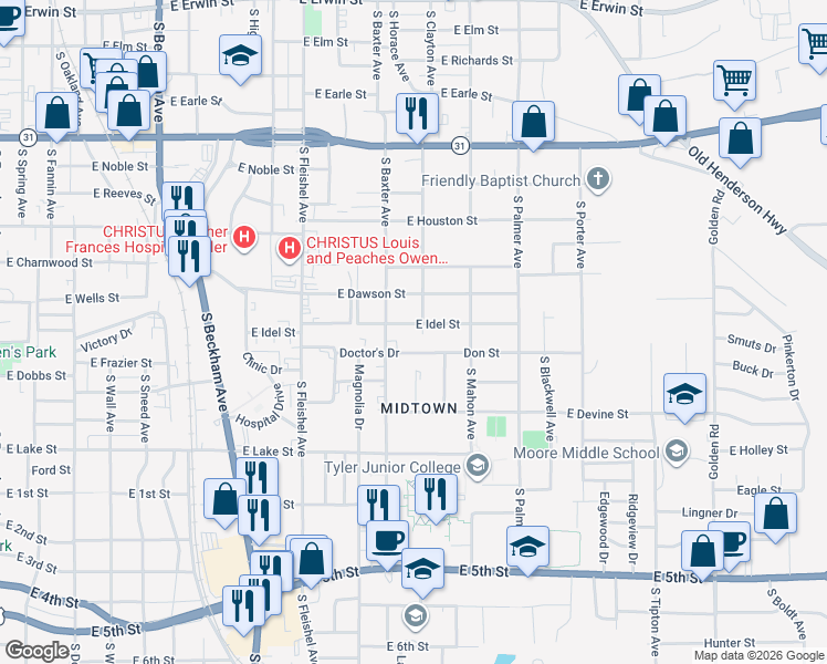 map of restaurants, bars, coffee shops, grocery stores, and more near 1306 Doctors Drive in Tyler