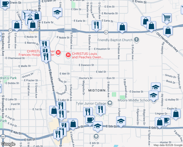 map of restaurants, bars, coffee shops, grocery stores, and more near 1306 Doctors Drive in Tyler