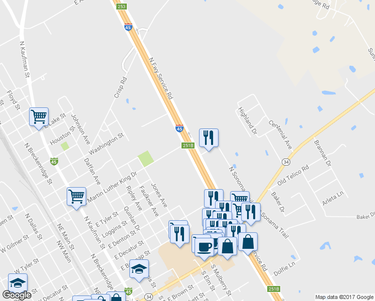 map of restaurants, bars, coffee shops, grocery stores, and more near 901 Interstate 45 in Ennis