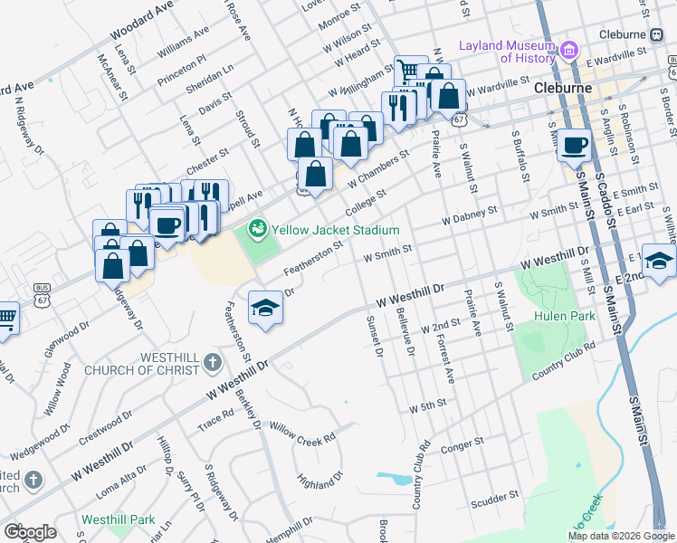 map of restaurants, bars, coffee shops, grocery stores, and more near 813 West Smith Street in Cleburne