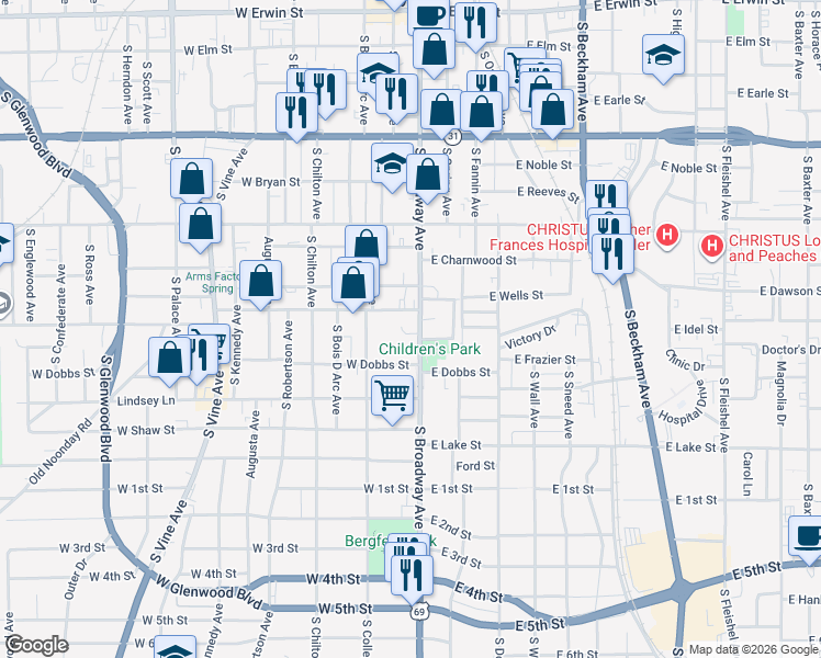 map of restaurants, bars, coffee shops, grocery stores, and more near 815 South Broadway Avenue in Tyler