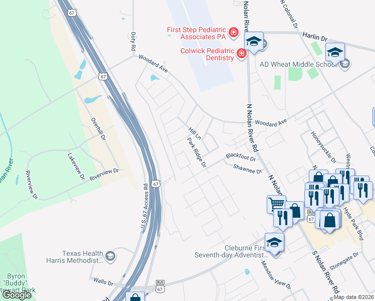 map of restaurants, bars, coffee shops, grocery stores, and more near 711 Park Ridge Drive in Cleburne