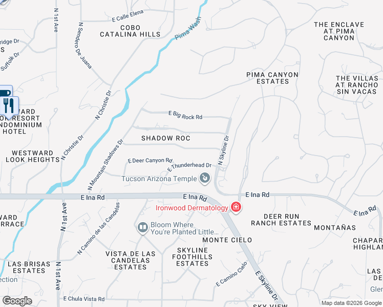 map of restaurants, bars, coffee shops, grocery stores, and more near 1435 East Thunderhead Drive in Tucson