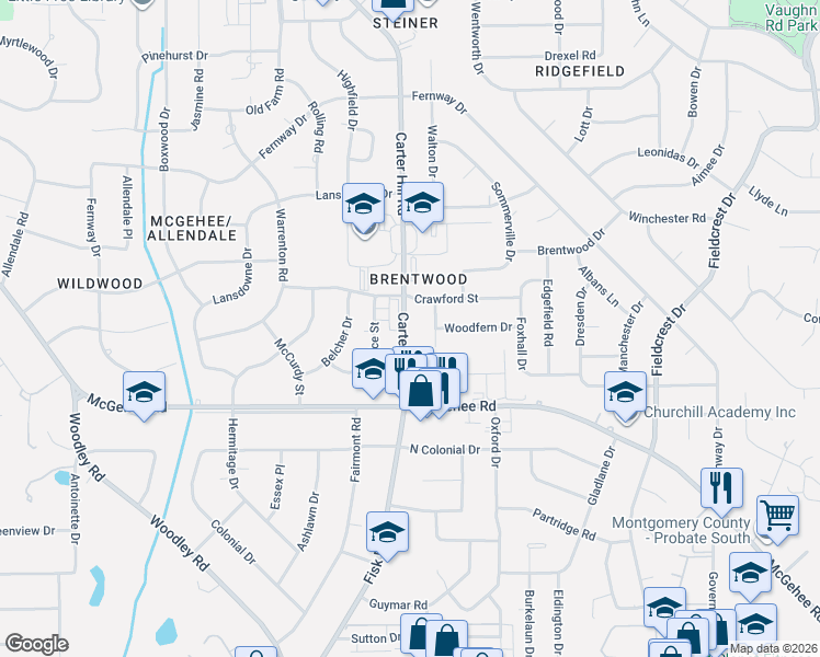 map of restaurants, bars, coffee shops, grocery stores, and more near 3529 Carter Hill Road in Montgomery