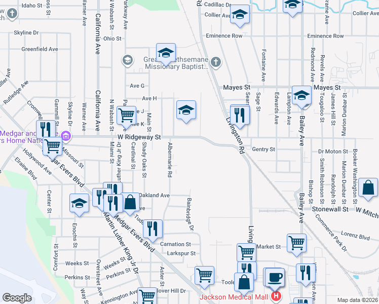 map of restaurants, bars, coffee shops, grocery stores, and more near 3454 Albermarle Road in Jackson