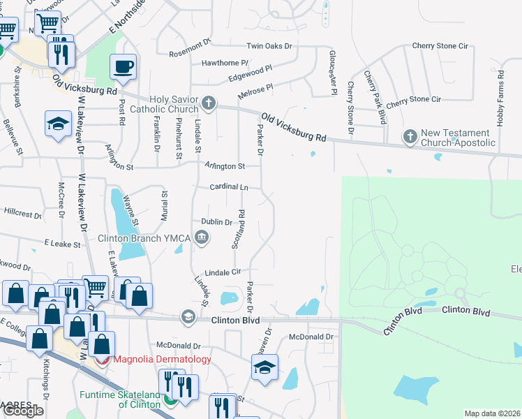map of restaurants, bars, coffee shops, grocery stores, and more near 409 Parker Drive in Clinton