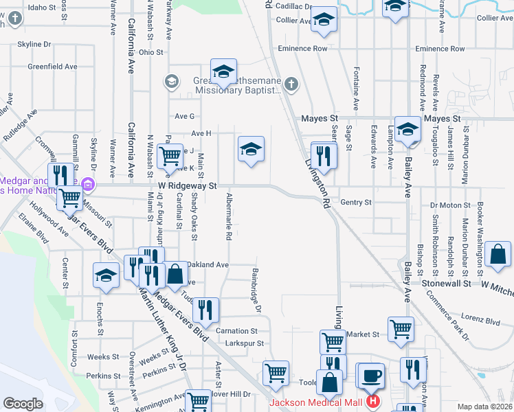 map of restaurants, bars, coffee shops, grocery stores, and more near 3454 Albermarle Road in Jackson