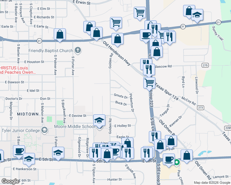 map of restaurants, bars, coffee shops, grocery stores, and more near 2301 Smuts Drive in Tyler