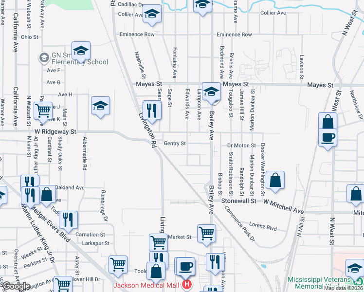 map of restaurants, bars, coffee shops, grocery stores, and more near 1202 Warren Street in Jackson