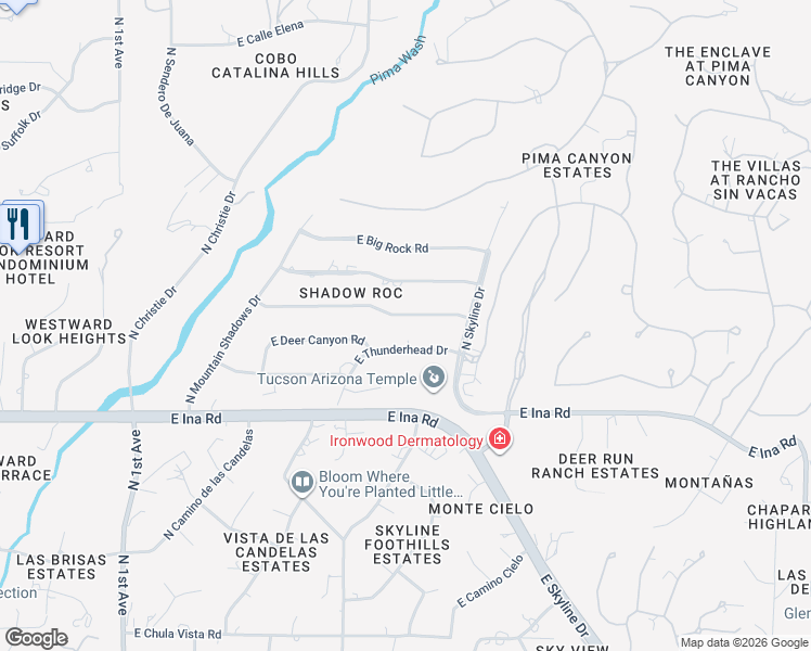 map of restaurants, bars, coffee shops, grocery stores, and more near 1435 East Thunderhead Drive in Tucson