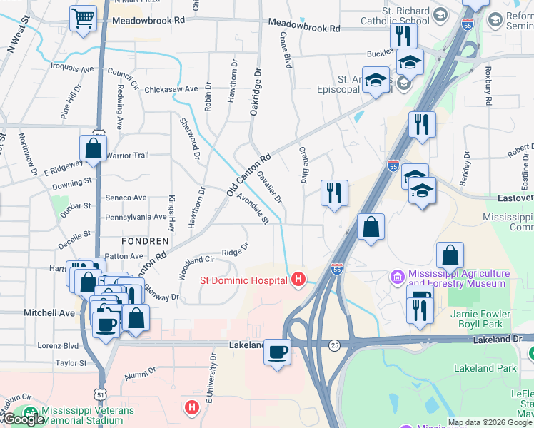 map of restaurants, bars, coffee shops, grocery stores, and more near 1076 Avondale Street in Jackson