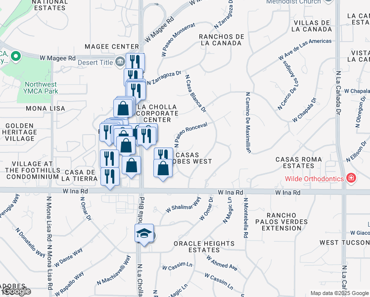 map of restaurants, bars, coffee shops, grocery stores, and more near 1981 West Placita Colima in Tucson