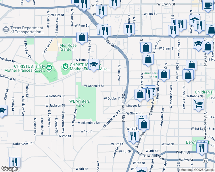 map of restaurants, bars, coffee shops, grocery stores, and more near 1410 West Connally Street in Tyler