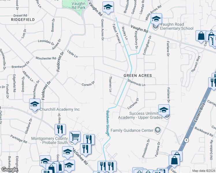 map of restaurants, bars, coffee shops, grocery stores, and more near 2244 Thames Lane in Montgomery