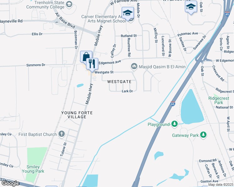 map of restaurants, bars, coffee shops, grocery stores, and more near 2635 Lark Drive in Montgomery