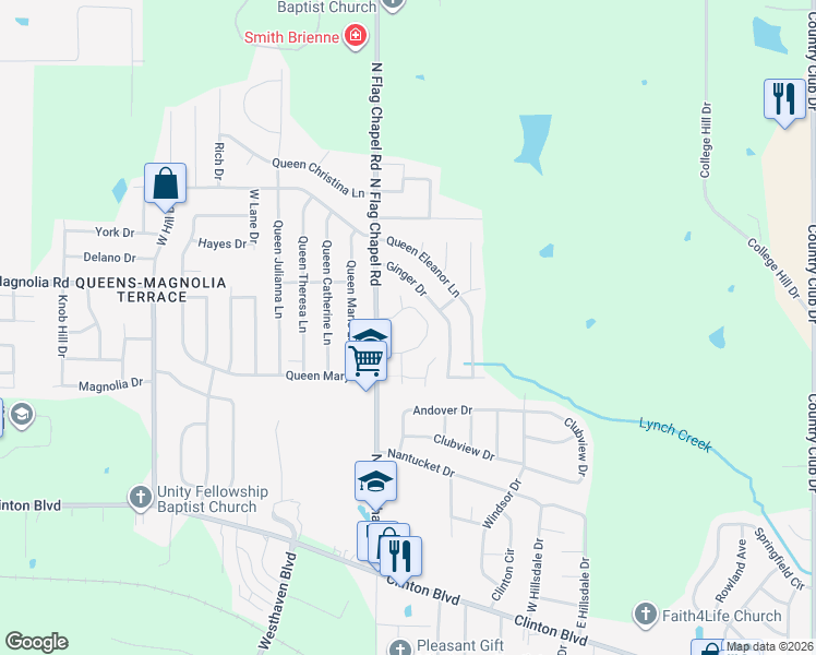 map of restaurants, bars, coffee shops, grocery stores, and more near 5200 Queen Mary Lane in Jackson