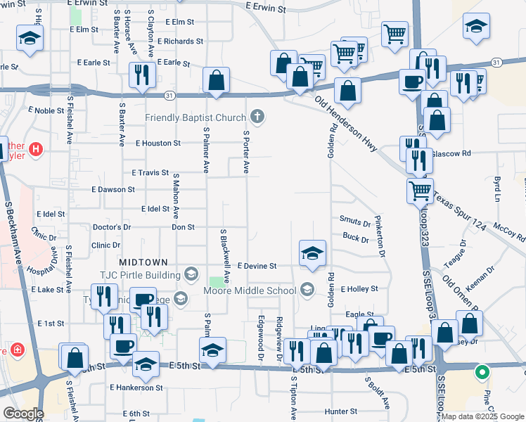 map of restaurants, bars, coffee shops, grocery stores, and more near 810 S Porter Ave in Tyler