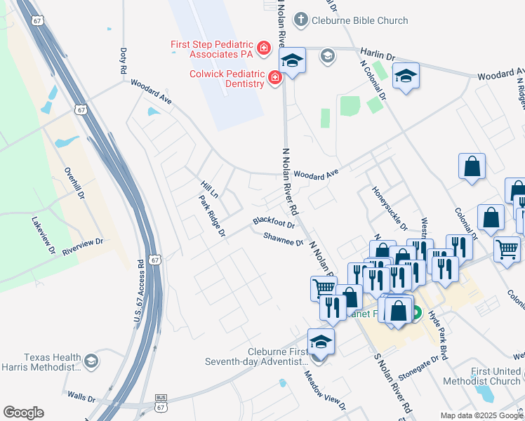 map of restaurants, bars, coffee shops, grocery stores, and more near 1714 Blackfoot Drive in Cleburne