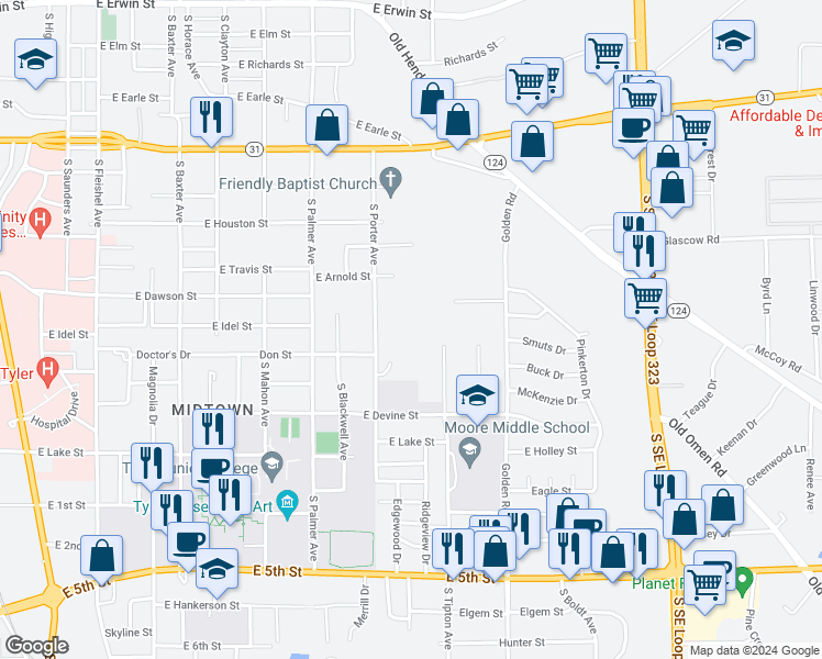 map of restaurants, bars, coffee shops, grocery stores, and more near 810 South Porter Avenue in Tyler