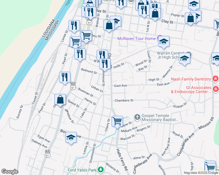 map of restaurants, bars, coffee shops, grocery stores, and more near 2108 Cherry Street in Vicksburg