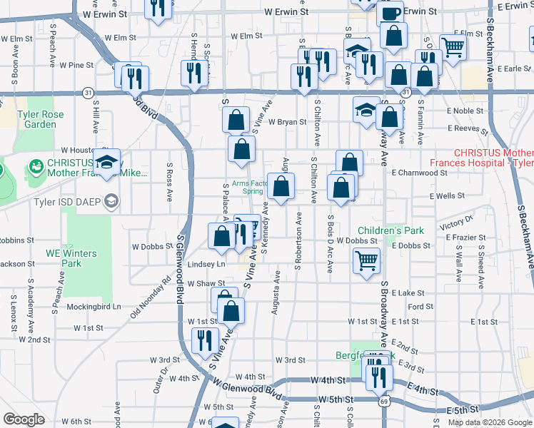 map of restaurants, bars, coffee shops, grocery stores, and more near 812 South Kennedy Avenue in Tyler