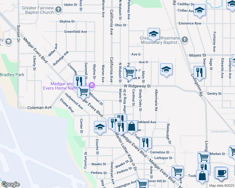 map of restaurants, bars, coffee shops, grocery stores, and more near 3531 Martin Luther King Junior Drive in Jackson