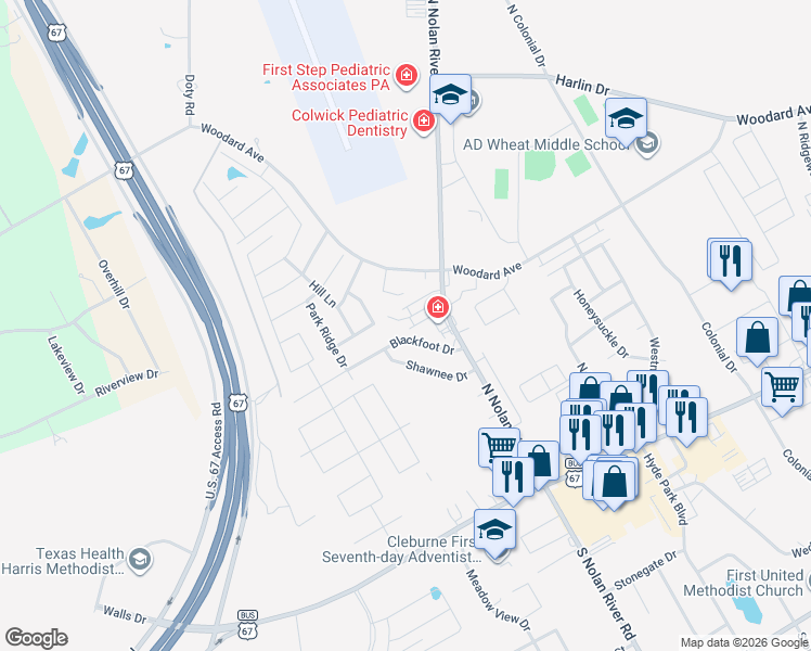 map of restaurants, bars, coffee shops, grocery stores, and more near 1714 Blackfoot Drive in Cleburne