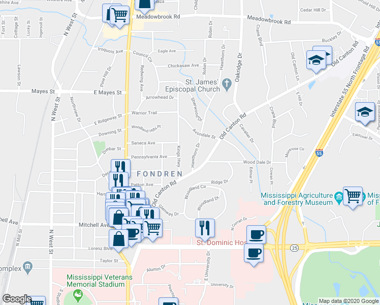 map of restaurants, bars, coffee shops, grocery stores, and more near 3539 Hawthorn Drive in Jackson