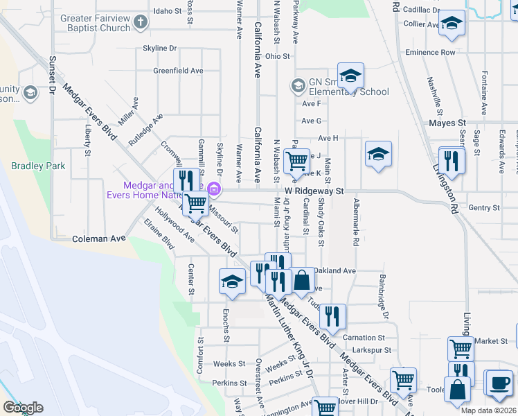 map of restaurants, bars, coffee shops, grocery stores, and more near 2202 Munsey Avenue in Jackson