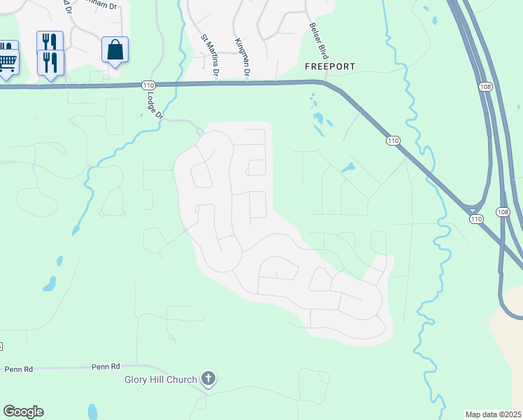 map of restaurants, bars, coffee shops, grocery stores, and more near Huron Court in Pike Road