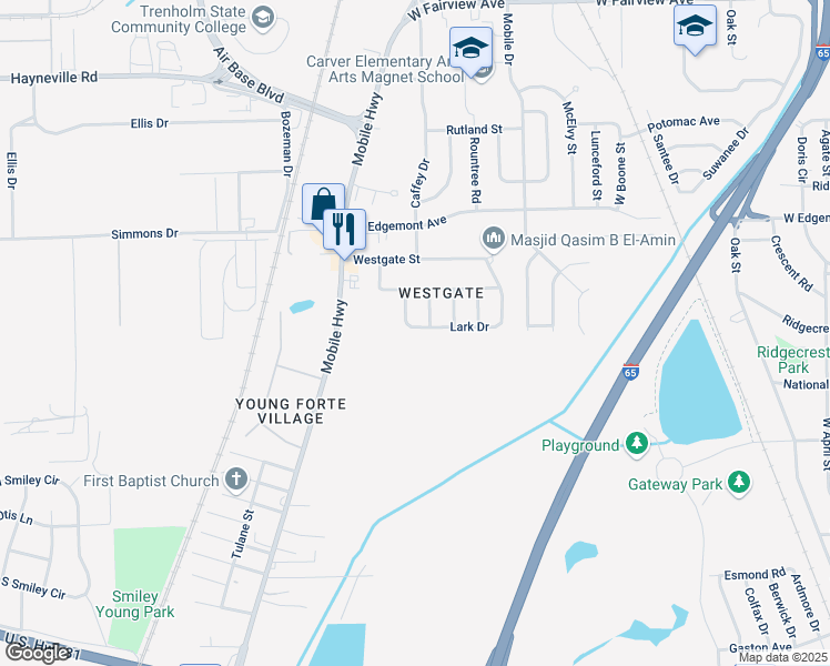 map of restaurants, bars, coffee shops, grocery stores, and more near 2635 Lark Drive in Montgomery