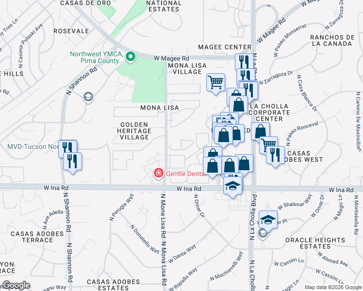 map of restaurants, bars, coffee shops, grocery stores, and more near 7300 North Mona Lisa Road in Tucson