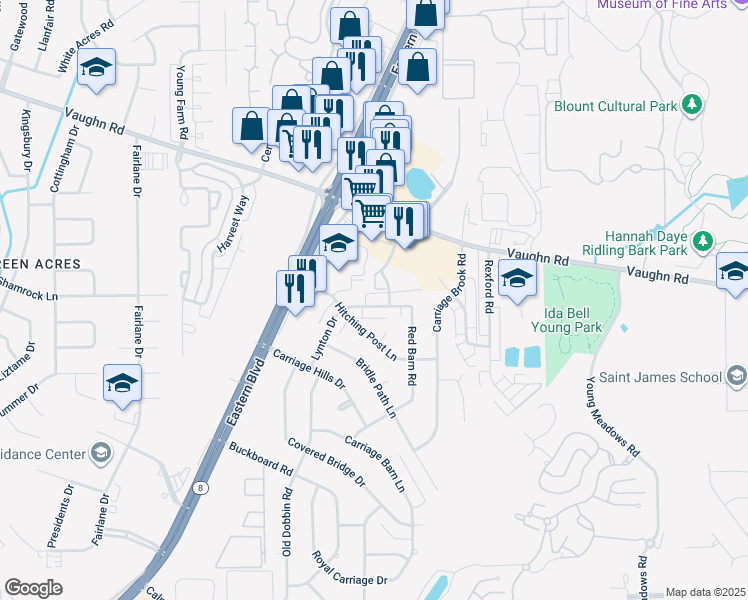 map of restaurants, bars, coffee shops, grocery stores, and more near 5644 Red Barn Road in Montgomery