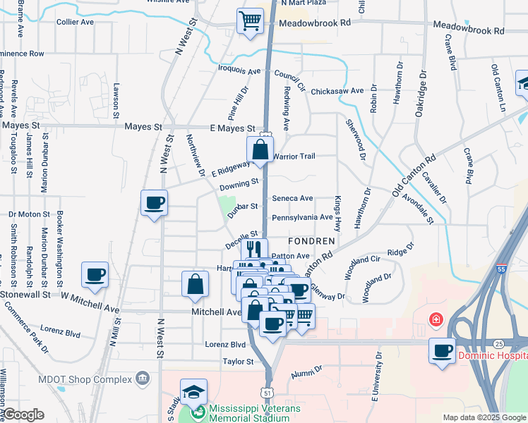 map of restaurants, bars, coffee shops, grocery stores, and more near 3426 North State Street in Jackson