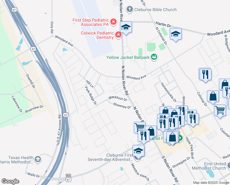 map of restaurants, bars, coffee shops, grocery stores, and more near 1714 Blackfoot Drive in Cleburne