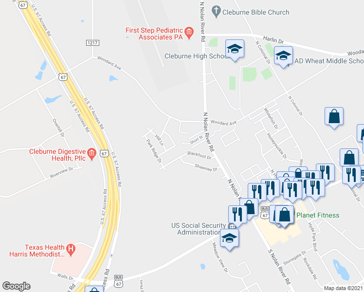 map of restaurants, bars, coffee shops, grocery stores, and more near 1727 Ridgecrest Drive in Cleburne