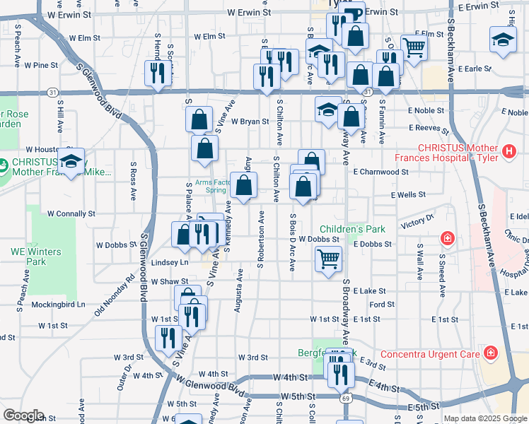 map of restaurants, bars, coffee shops, grocery stores, and more near 808 South Robertson Avenue in Tyler