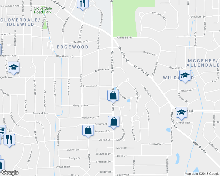 map of restaurants, bars, coffee shops, grocery stores, and more near 1336 Primrose Lane in Montgomery
