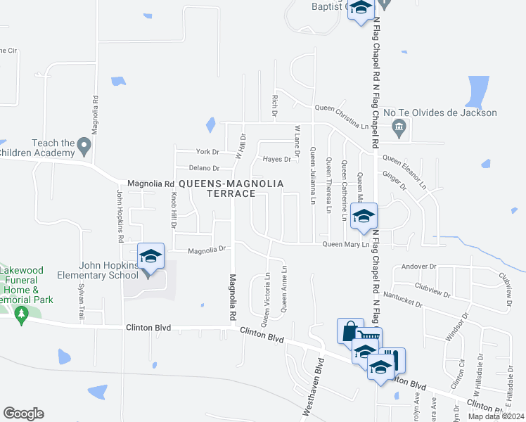 map of restaurants, bars, coffee shops, grocery stores, and more near 333 Queen Isabella Lane in Jackson