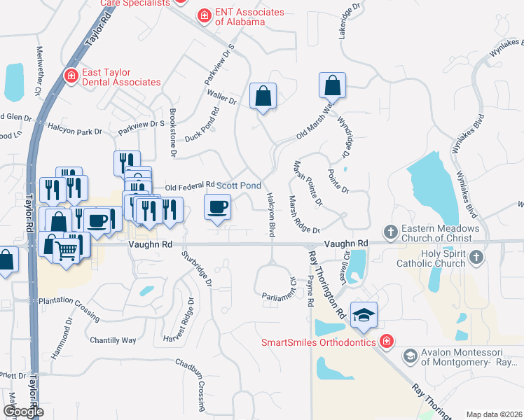 map of restaurants, bars, coffee shops, grocery stores, and more near in Montgomery
