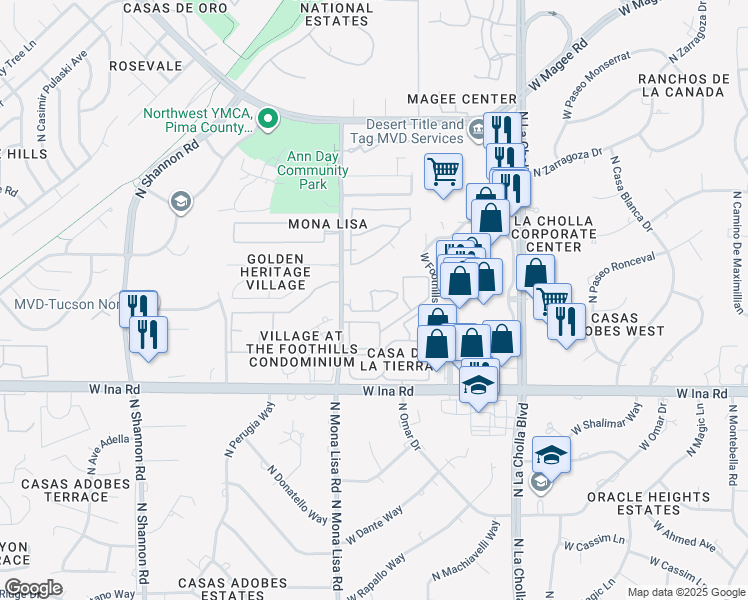 map of restaurants, bars, coffee shops, grocery stores, and more near 7300 North Mona Lisa Road in Tucson