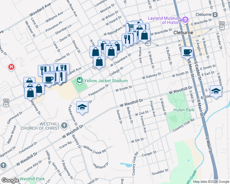 map of restaurants, bars, coffee shops, grocery stores, and more near 206 Sunset Drive in Cleburne