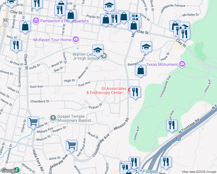 map of restaurants, bars, coffee shops, grocery stores, and more near 1810 Vicklan St in Vicksburg